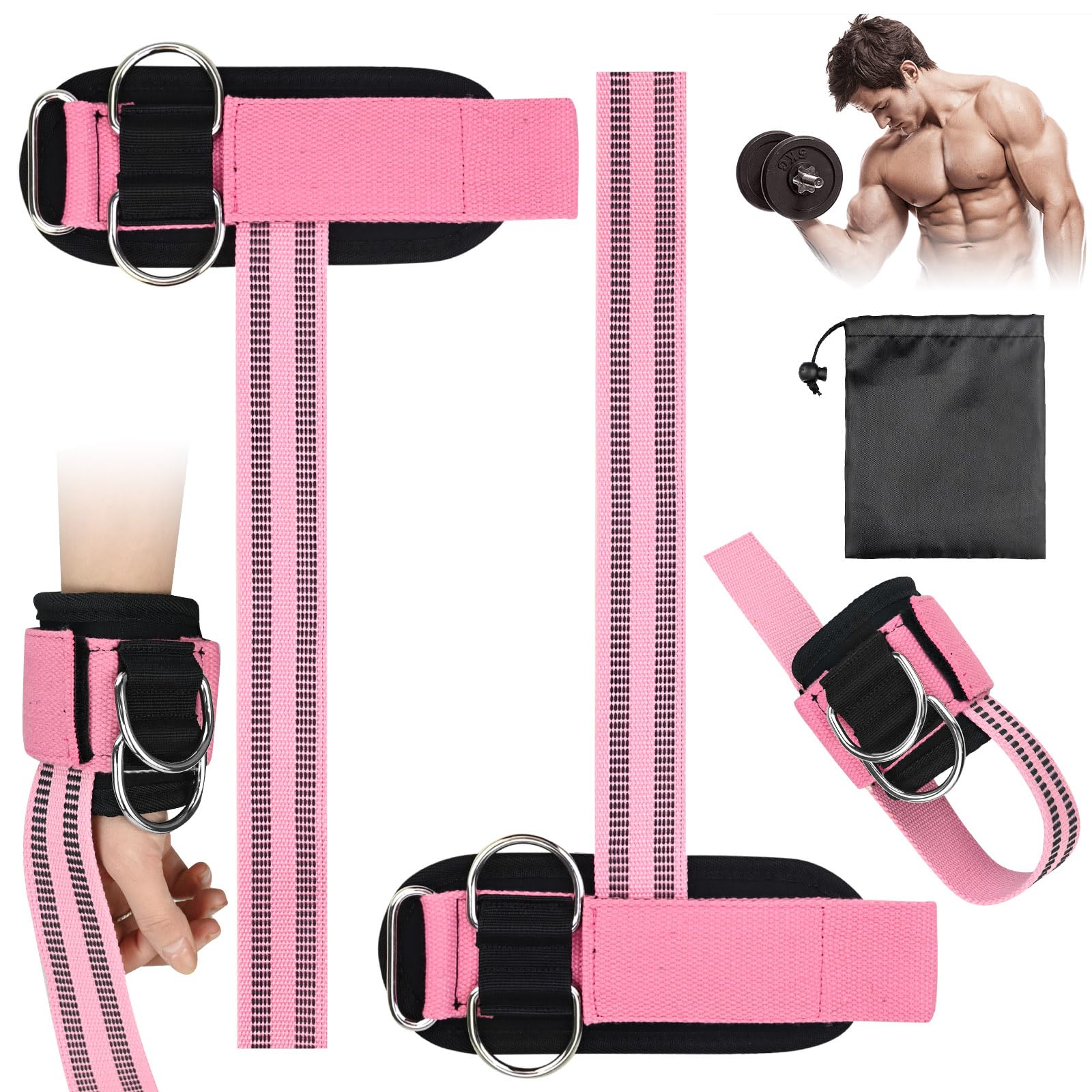 2pcs Weight Lifting Straps - Anti-Slip Lifting Straps with D Ring for Cable Machine Workout Wrist Support and Cuff Attachment Gym Wrist Straps Weightlifting for Men Women (Pink)