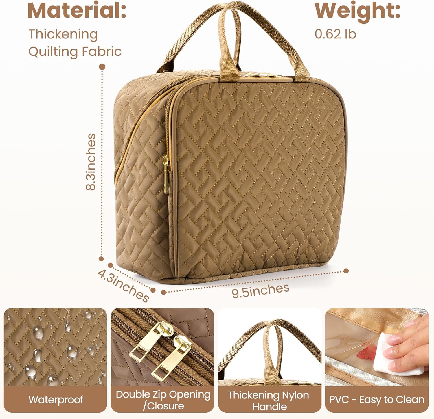 Makeup Bag, Large Capacity with Room for Brushes and Mirror, Travel Makeup Organizer, Portable Standing Make Up Case, Waterproof Cosmetic Toiletry Bags with Handle, Color Brown - Image 3