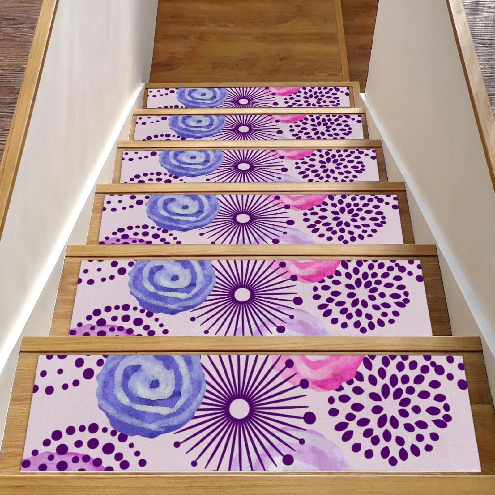 Tapis d'escalier antidérapants violets et roses | Set de 15 marches design 20x76 cm