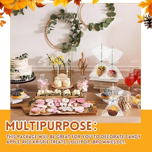 Miniatura 6 de Henoyso Juego de 100 bolsas de dulces con palitos brillantes que incluye 100 palitos de manzana de caramelo, 100 bolsas de dulces, 3 cintas con