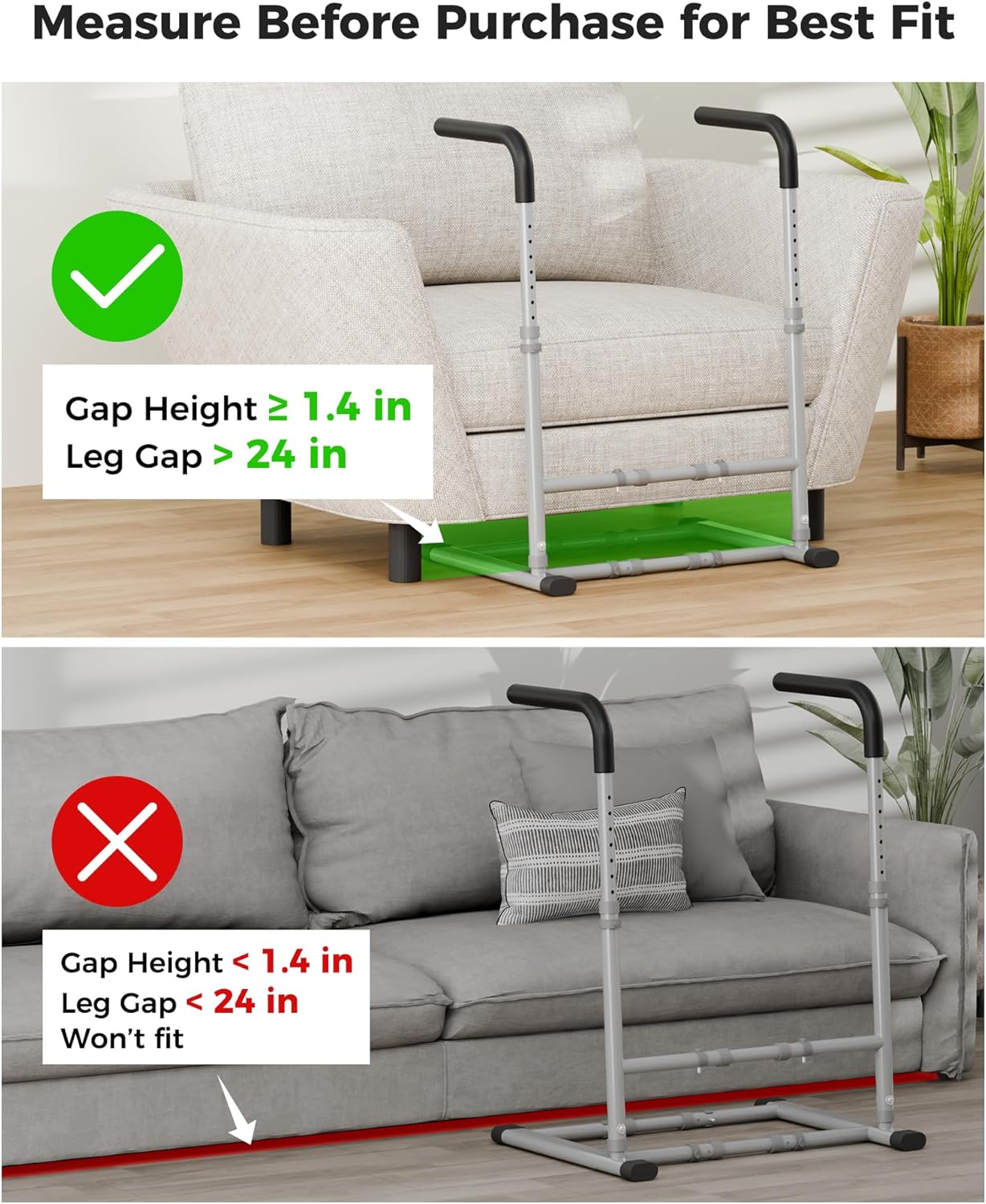 Couch Stand Assist Aid for Elderly, Sofa Chair Lift Assist Devices for Seniors Sit to Stand, Standing Aids & Supports, Pregnancy, Disabled, Floor Gap Height ≥ 1.4" Leg Gap ＞24", Grey