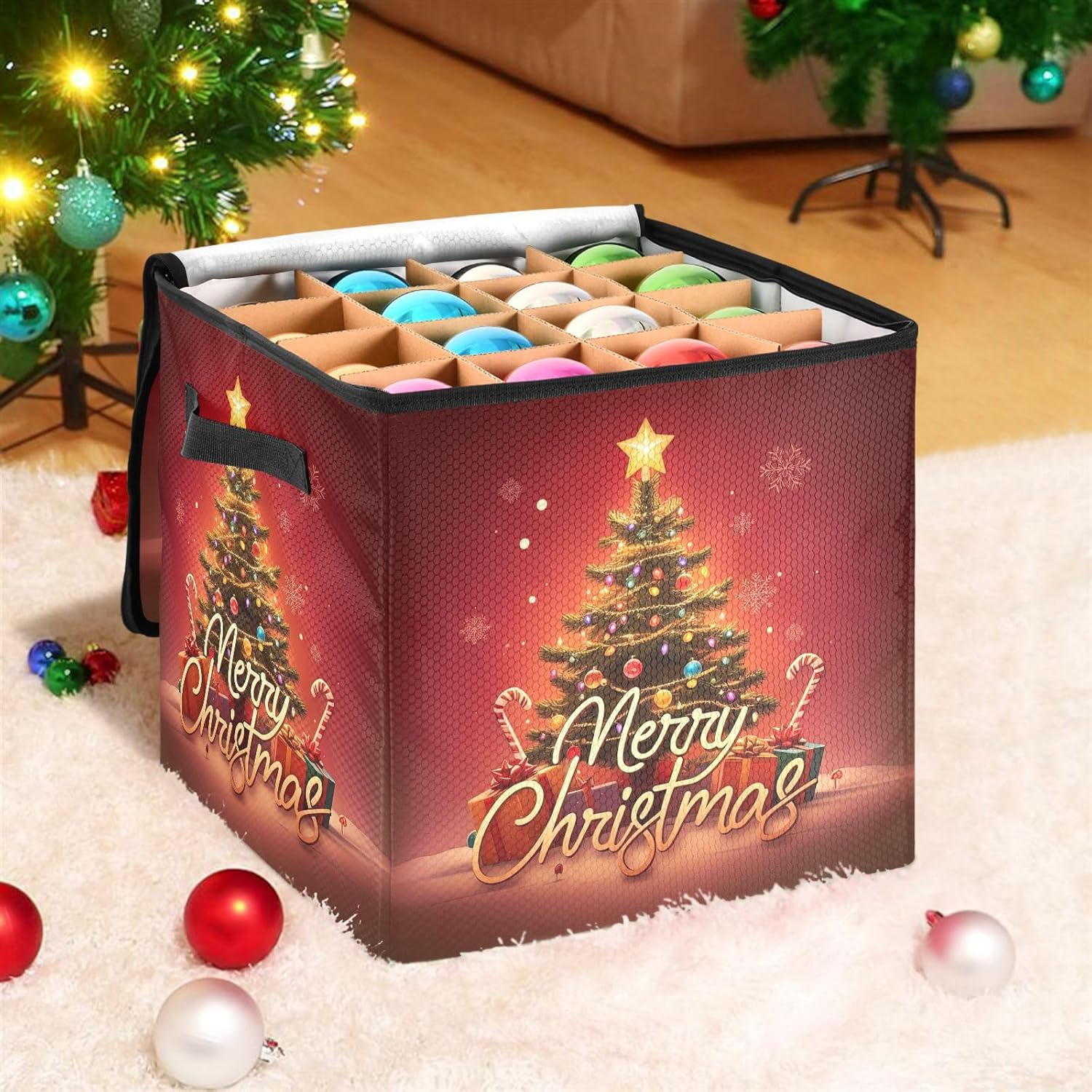 Christmas Sublimation Ornament Storage Box - Holds up to 64 Holiday Ornaments with Adjustable Dividers - 13 Inch Fabric Organizer Cube with Lid and Handles for Christmas