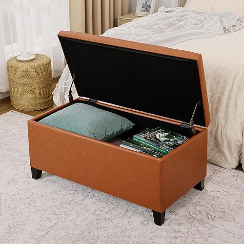 Vista 26 de Asense Banco otomano de almacenamiento, banco tapizado de piel sintética con bisagra de seguridad, patas de madera, para entrada y dormitorio Negro