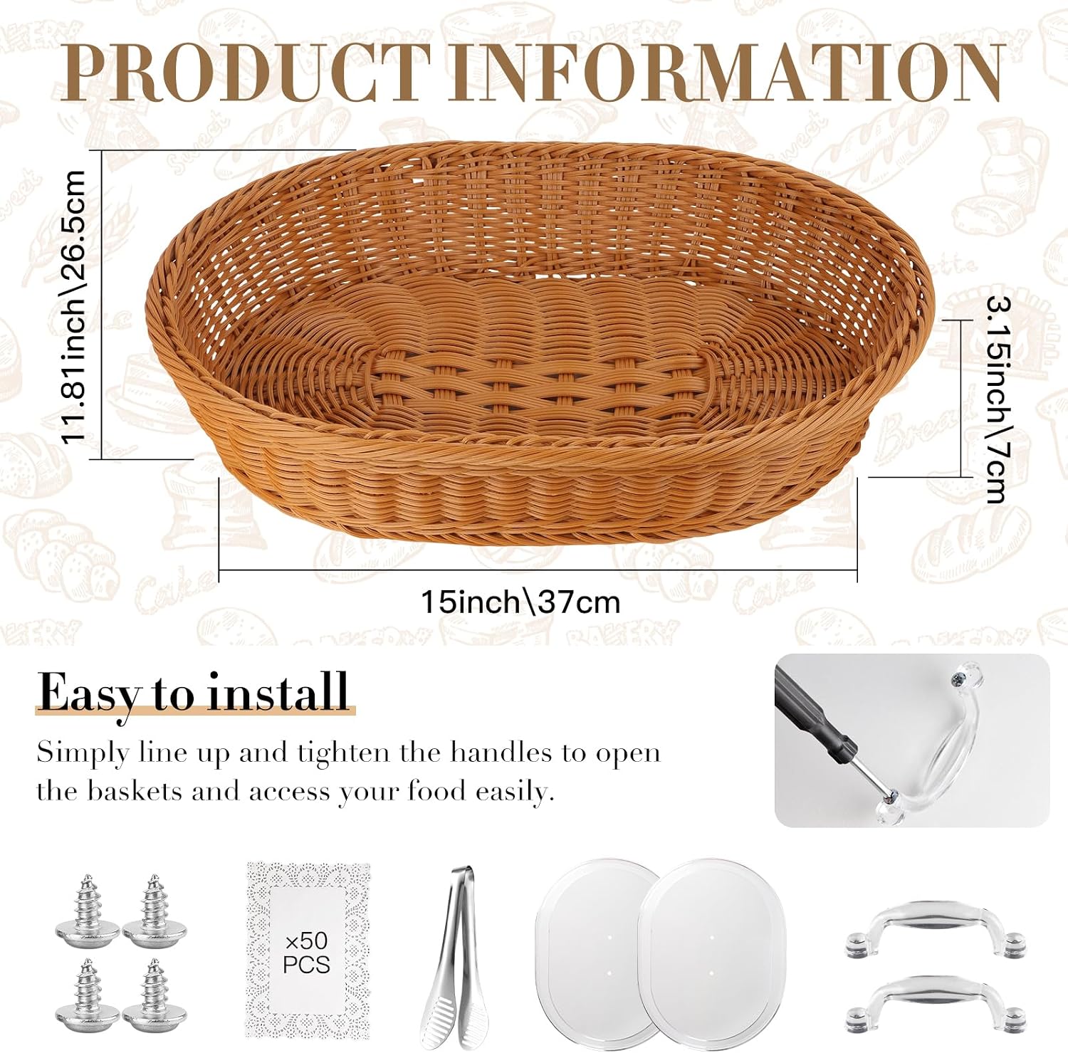 2 PCS oval woven baskets with acrylic lids,bread basket with lid, 15.75 x 11.81 inches Inches, with Stainless Steel Tongs, rattan bread basket with lid Lace Doilies, for Bread, Fruit, Food Display