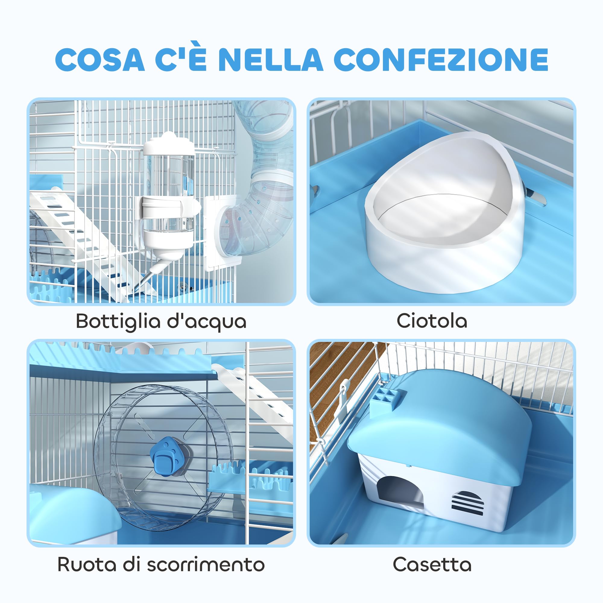 PawHut Gabbia per Criceti a 3 Livelli con Casetta, Ruota, Ciotola per Cibo, Bottiglia e Tubi, Gabbietta per Piccoli Roditori e Criceti Nani, 47.5x31.5x29.5 cm, Azzurro