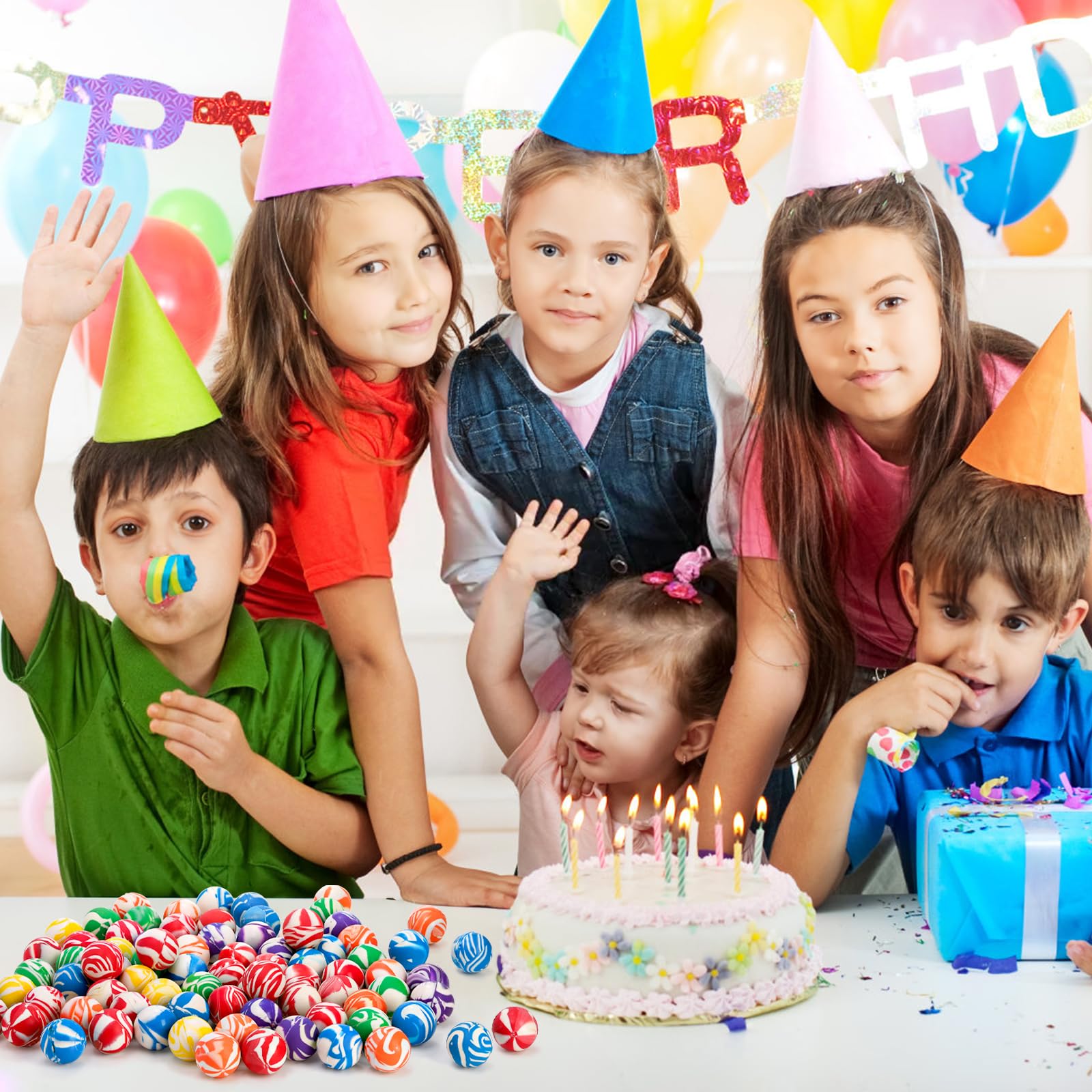 Paquete de 100 bolas coloridas pequeñas y rebotantes, bolas de rebote de goma surtidas de 1.260 in, bolas de rebote alto con patrón mixto a granel, recuerdos de fiesta para niños, regalo de 5