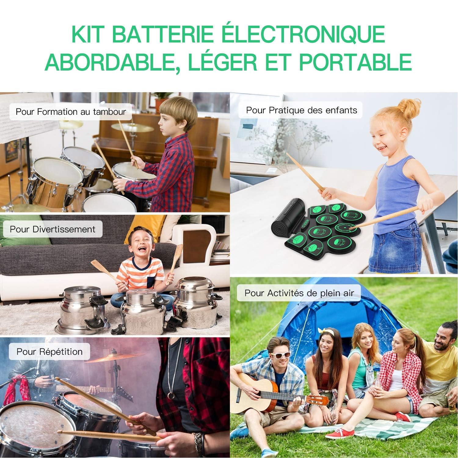 Batteria Elettronica Drum Set 9 Padiglioni Batteria Elettrica, Altoparlante Integrato, Bacchette in Legno e Pedali, Roll Up Tamburo per Bambini, Adulti, Natale, Compleanno
