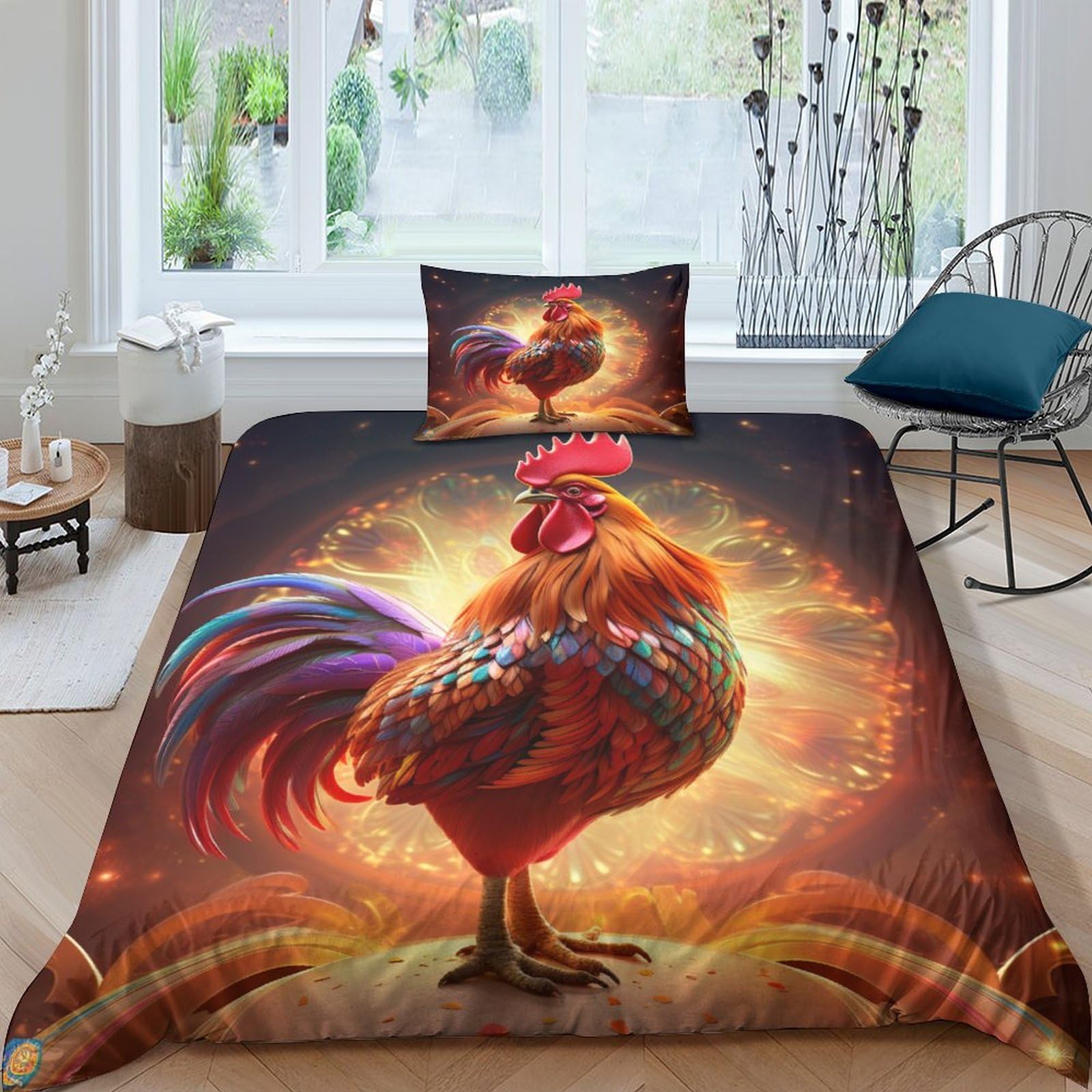 Parure de lit coq housse de couette 135x200 microfibre respirante animaux 3D lit simple