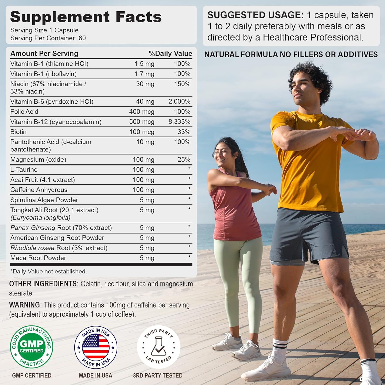 X-Energy Extra Strength B Complex with Caffeine & Vitamin B12 – Energy Support with B1, B2, B3 Niacin, B6, Folic Acid, Biotin, B5, Taurine, Ginseng, Rhodiola, Maca, Acai & Spirulina – 60 Capsules - Image 4