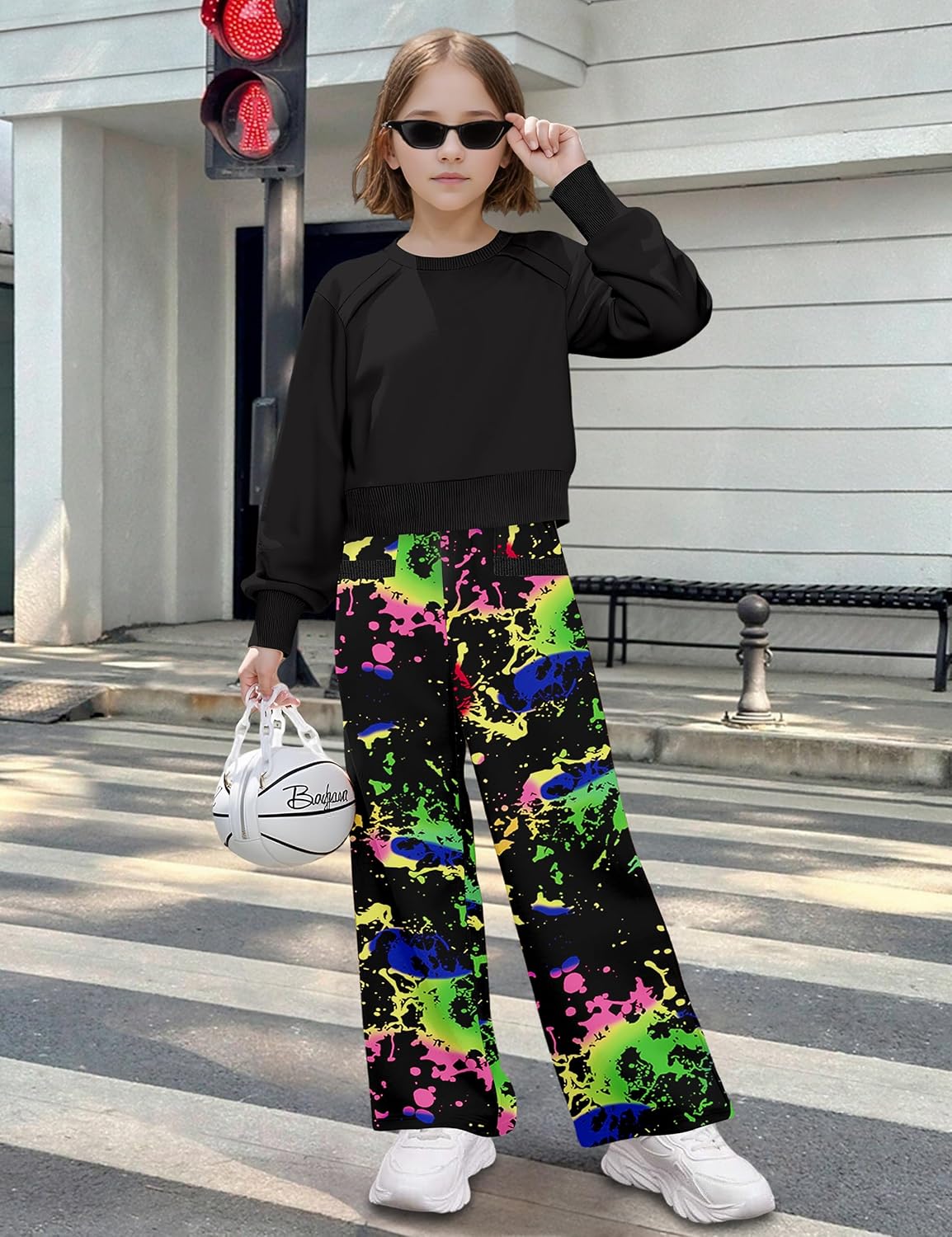 Girl Clothes, 2 Piece Girls Outfits Solid Crop Tops Plaid Wide Leg Pants with Pocket Kids Clothing Set Size 6-14 Year - Image 3