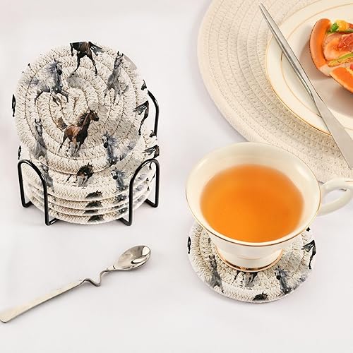 Miniatura 2 de Juego de 6 posavasos para bebidas con soporte para bebidas salvajes Mustang marrón, juego de 6 posavasos decorativos absorbentes de algodón tejido