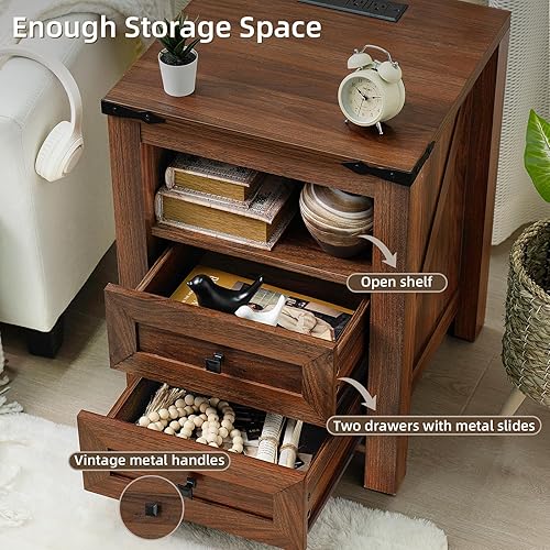 Miniatura 6 de Juego de 2 mesitas de noche con estación de carga, mesa auxiliar de granja con 2 cajones y estante abierto, mesa de sofá rústica de madera, armario