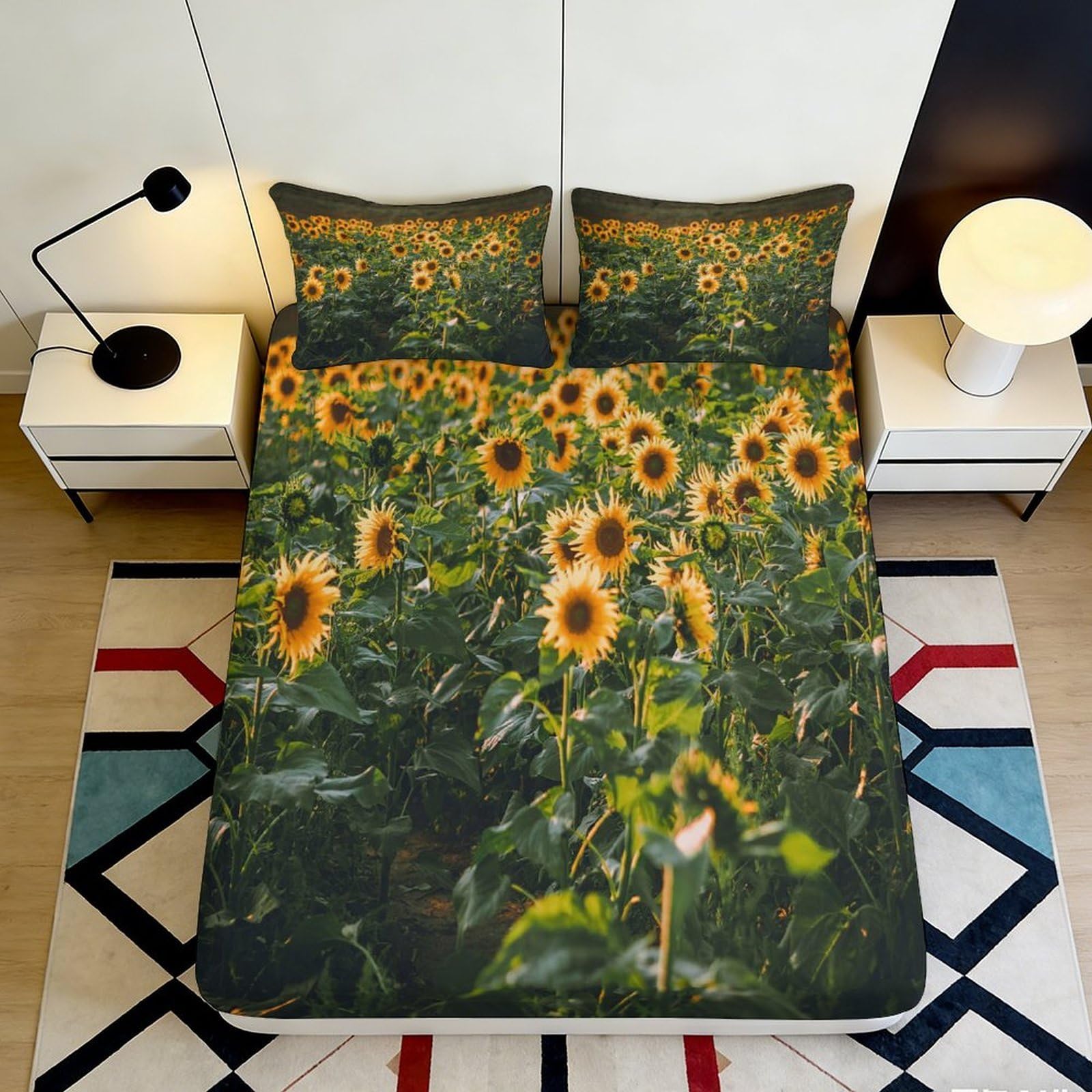 3D Printed Sunflower Field Fitted Sheet Microfiber Yellow Floral Meadow Bed Cover for Bedroom Guest Room Decor 90x200x25cm