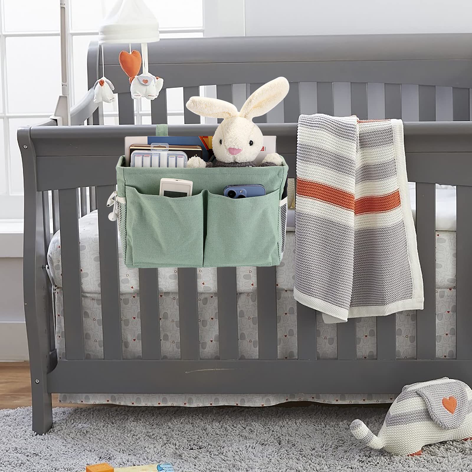 IGNPION Cestini portaoggetti da appendere al comodino in tela, con tasche regolabili, per dormitorio, letto, organizer multiuso per casa, ufficio, scuola, dormitorio, ospedale, verde