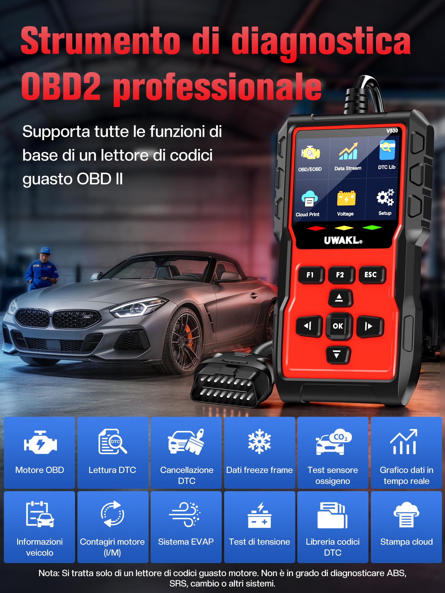 OBD2 Auto Diagnostica OBD Italiano: Scanner EOBD Diagnosi Auto Tutte Professionale per Multimarca - Lettore Codici Errore Diagnostico con Funzioni OBDII - Diagnosi Tester Batteria Protocolli OBD2