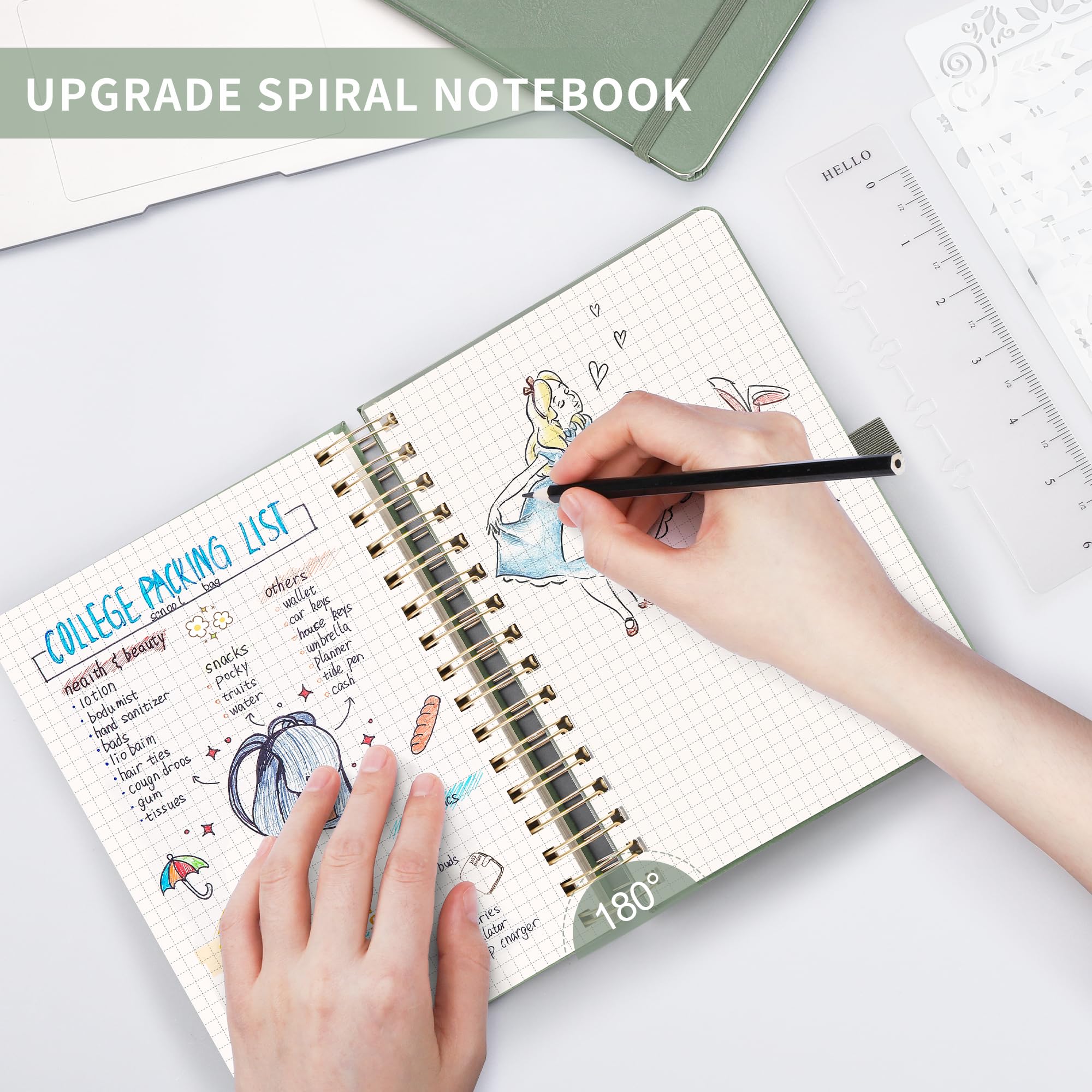 RETTACY Graph Paper A5 Notebook-Thick Grid Notebook Leather Hardcover,Spiral Bound Notepad 140 Pages,100gsm Squared Paper Journal Notebook,Sticky Notes,Bookmark,Note Taking 14.5 x 20.7cm-LightGreen - Image 3