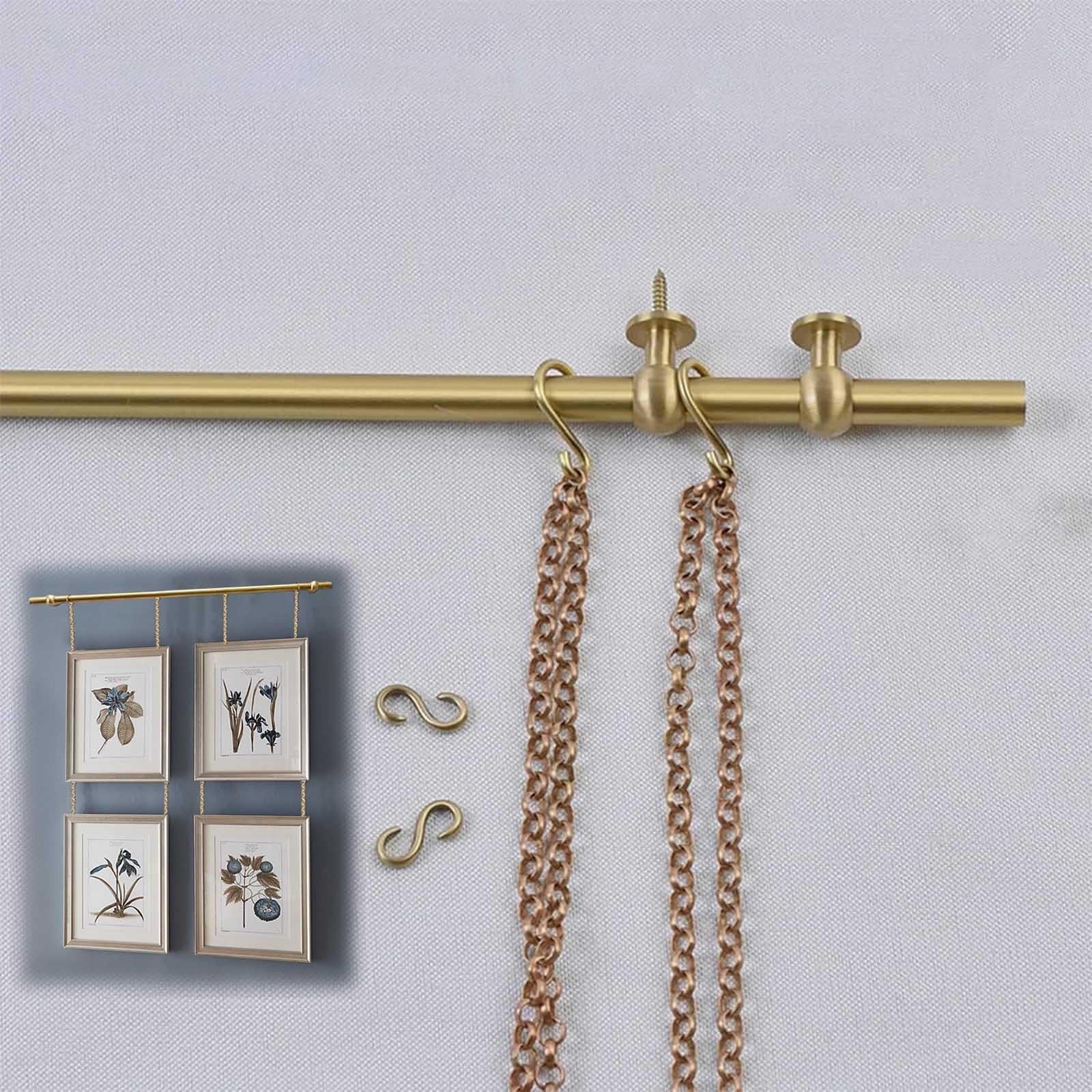 Zhoudong Picture Rail Hanging Kit, Brass Gallery Art Track, Wall Decor Picture Hanging System, Museum Frame Rail, for Photo Display, with Adjustable Chains(35.4" Rod)