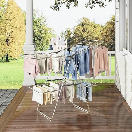 Miniatura 6 de APEXCHASER Tendedero de Ropa, Tendedero Plegable de 2 Niveles para Ropa, Tendedero de Lavandería Independiente de Acero Inoxidable, con 4 Alas