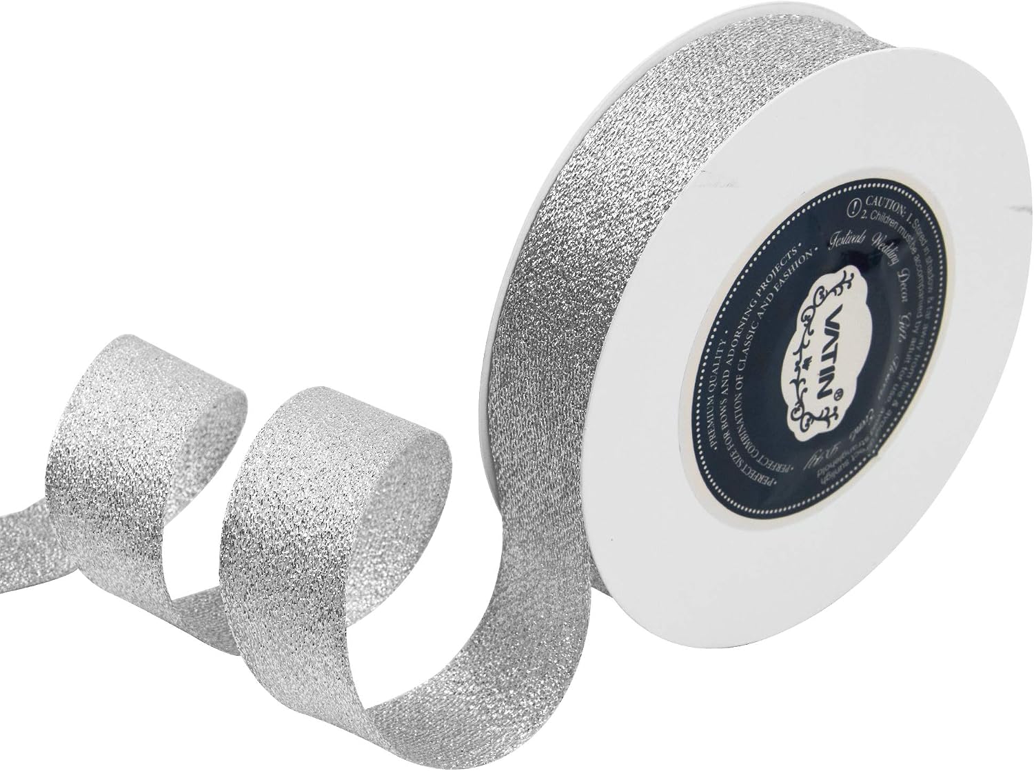 VATIN 1 inch Wide Luxury Glitter Silver Soft Double Faced Gift Wrapping Metallic Ribbon/Sparkly Hair Ribbon by 25 Yard/Roll