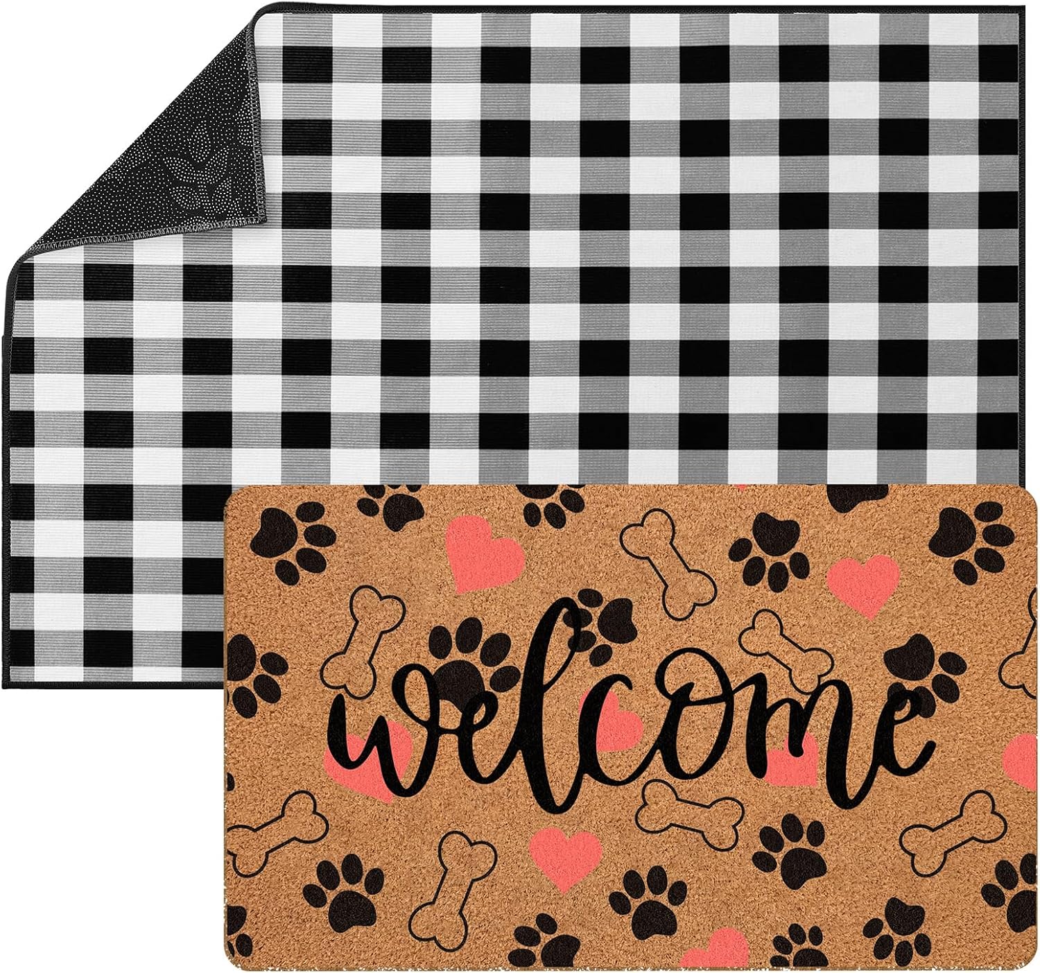 Tinideya 2 Pcs Cute Paw Welcome Doormat 23x35 in Layered Buffalo Plaid Carpet Dog Bone Non Slip Pink Heart Bathroom Coir Mats for Entrance Porch Indoor Outside Home Gift Supplies Decor