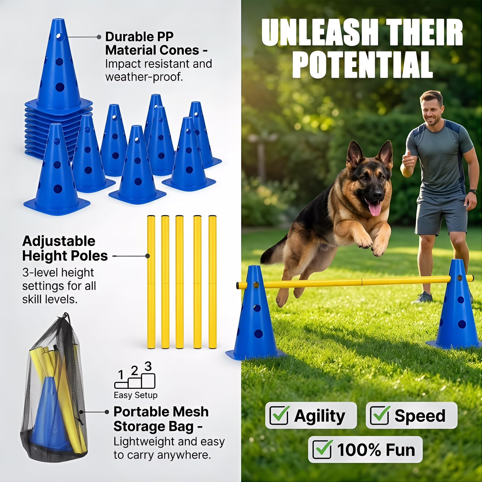Kit Ostacoli Agility Impilabili, 10 Coni + 5 Barre (80cm) - Ostacoli Regolabili per Addestramento di Coordinazione per Bambini, Cani e Cavalli, Salti per Percorsi Cinofili ed Equitazione