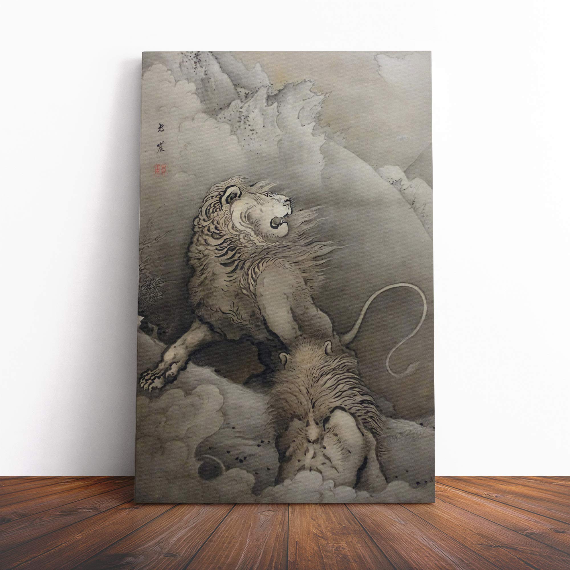 Kano Hogai Lions Japanese Oriental Canvas Print | Gallery Wrapped 30mm Frame Wall Art | 30x20 inches | Ready to Hang | Asian Animal Picture | Living Room Bedroom Lounge Office