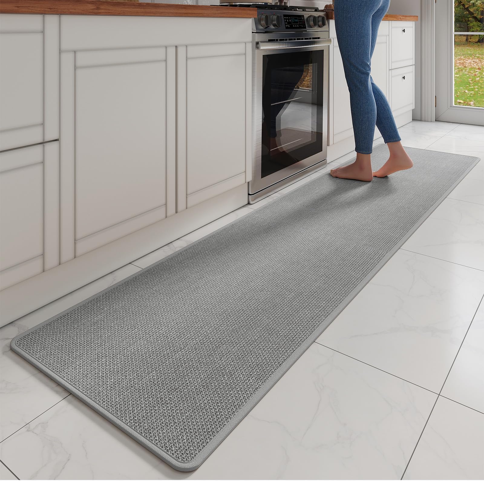 Kitchen Mats, Super Absorbent Non Slip Washable, Soft Imitation Linen Braided Kitchen Runner Rug, Standing Mat, Easy to Clean, Grey, 17x95OEKO-TEX STANDARD 100