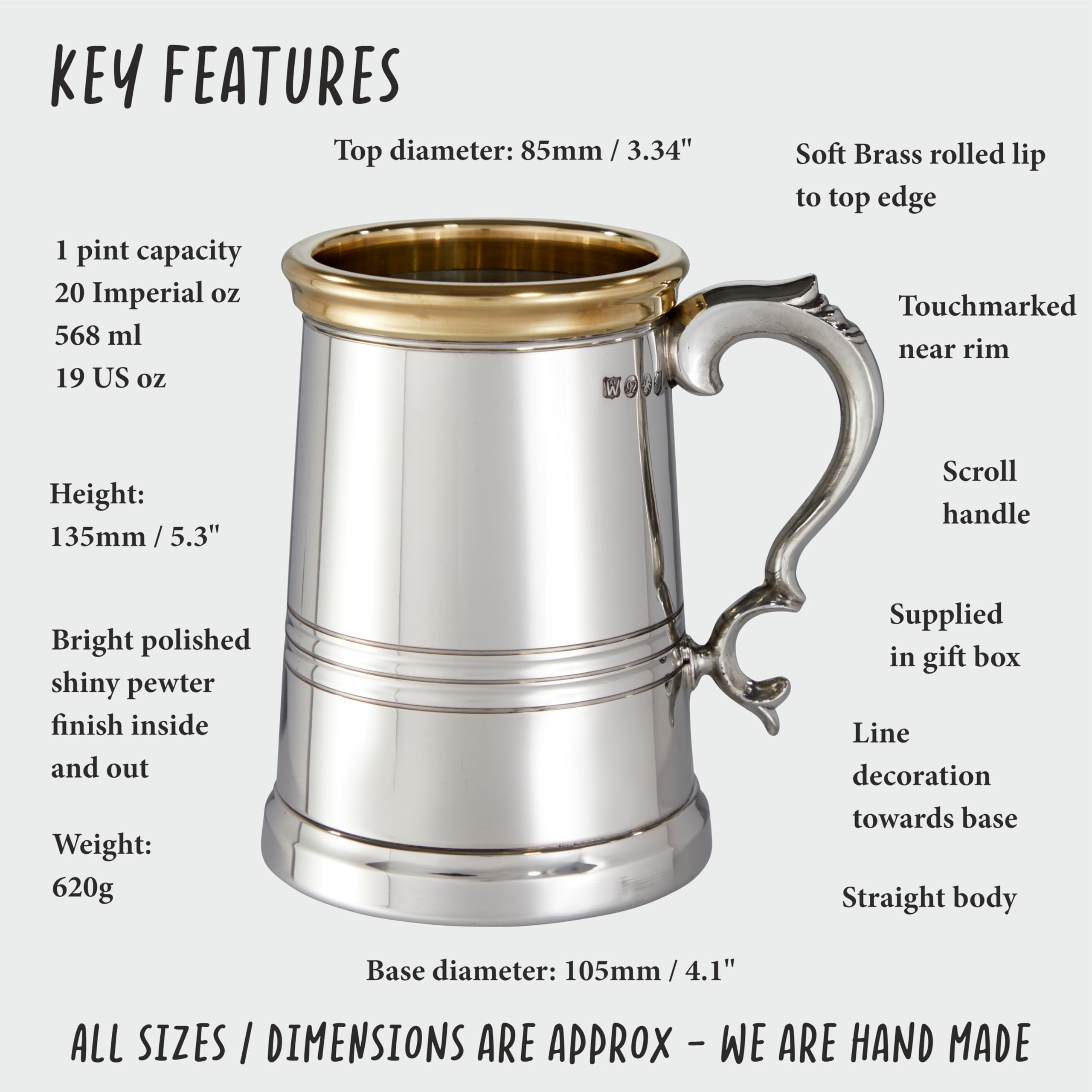 Wentworth Pewter 1 Pint X Range Pewter and Brass Worcester Tankard