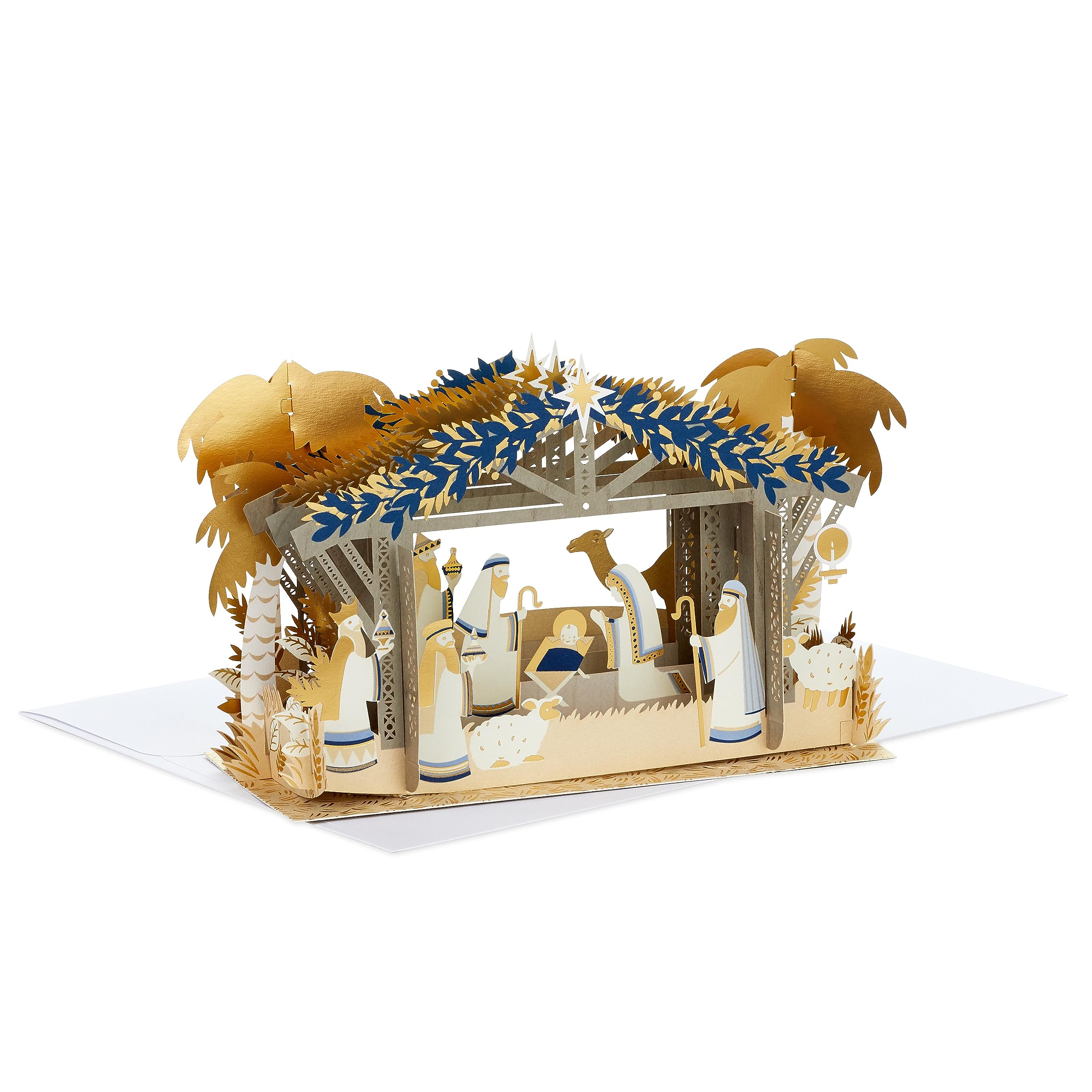 Hallmark Christmas Card, Nativity Scene Christmas Card, 3D & Pop Up Card, With Gold Foil Details, Blue