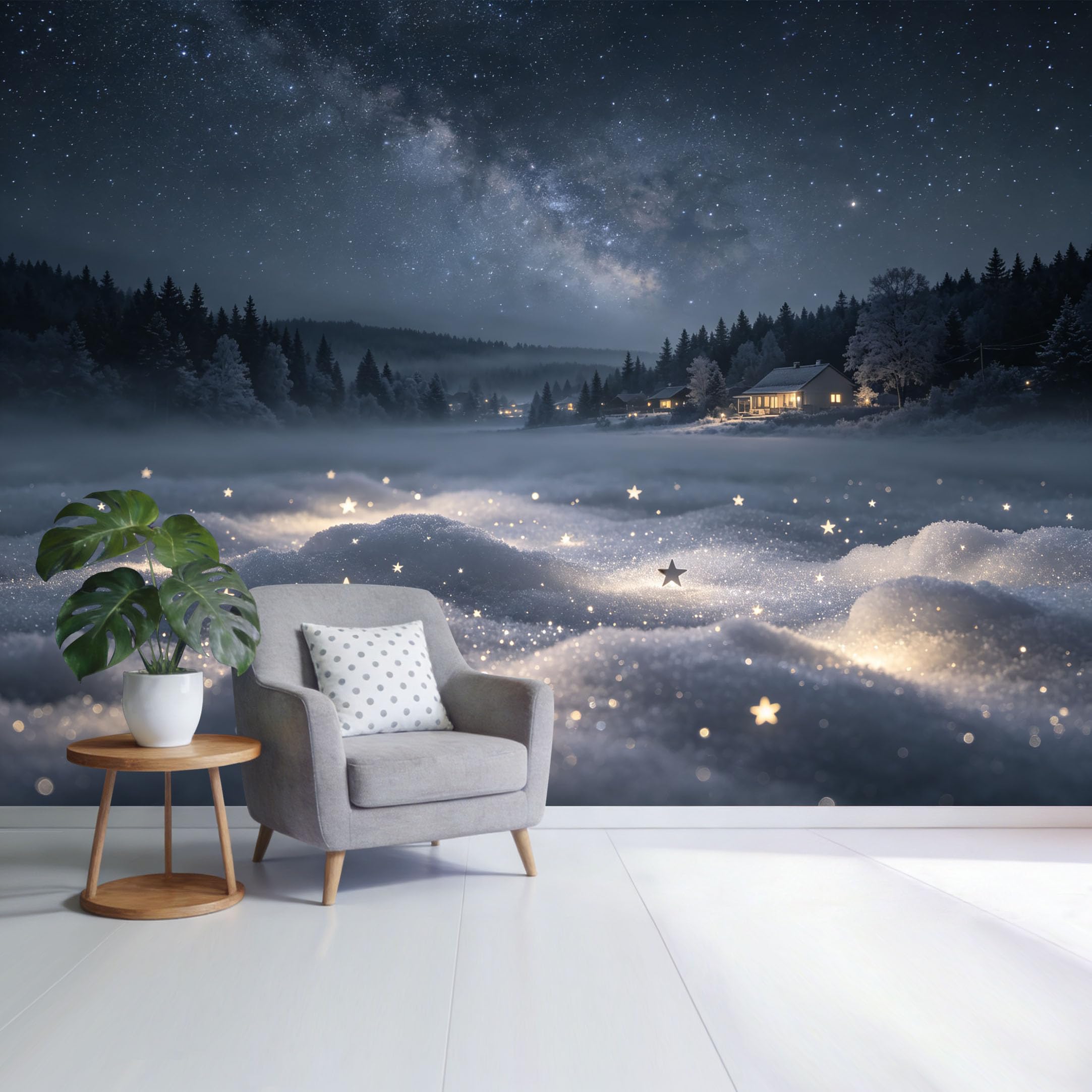 Custom Size Wall Mural Winter Night Landscape Starry Sky Snowfield Cottage Lights Forest Scene SelfAdhesive Wall Fabric Removable Wallpaper for Home Office Decor