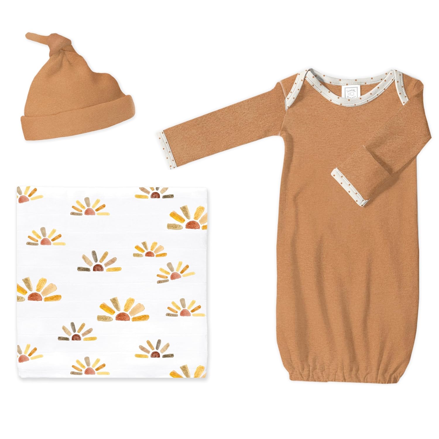 SwaddleDesigns Baby Gift Set, Watercolor Sunny Days Muslin Swaddle Blanket and Butterum Newborn Hat and Pajama Gown with Mitten Cuffs, Softest Cotton