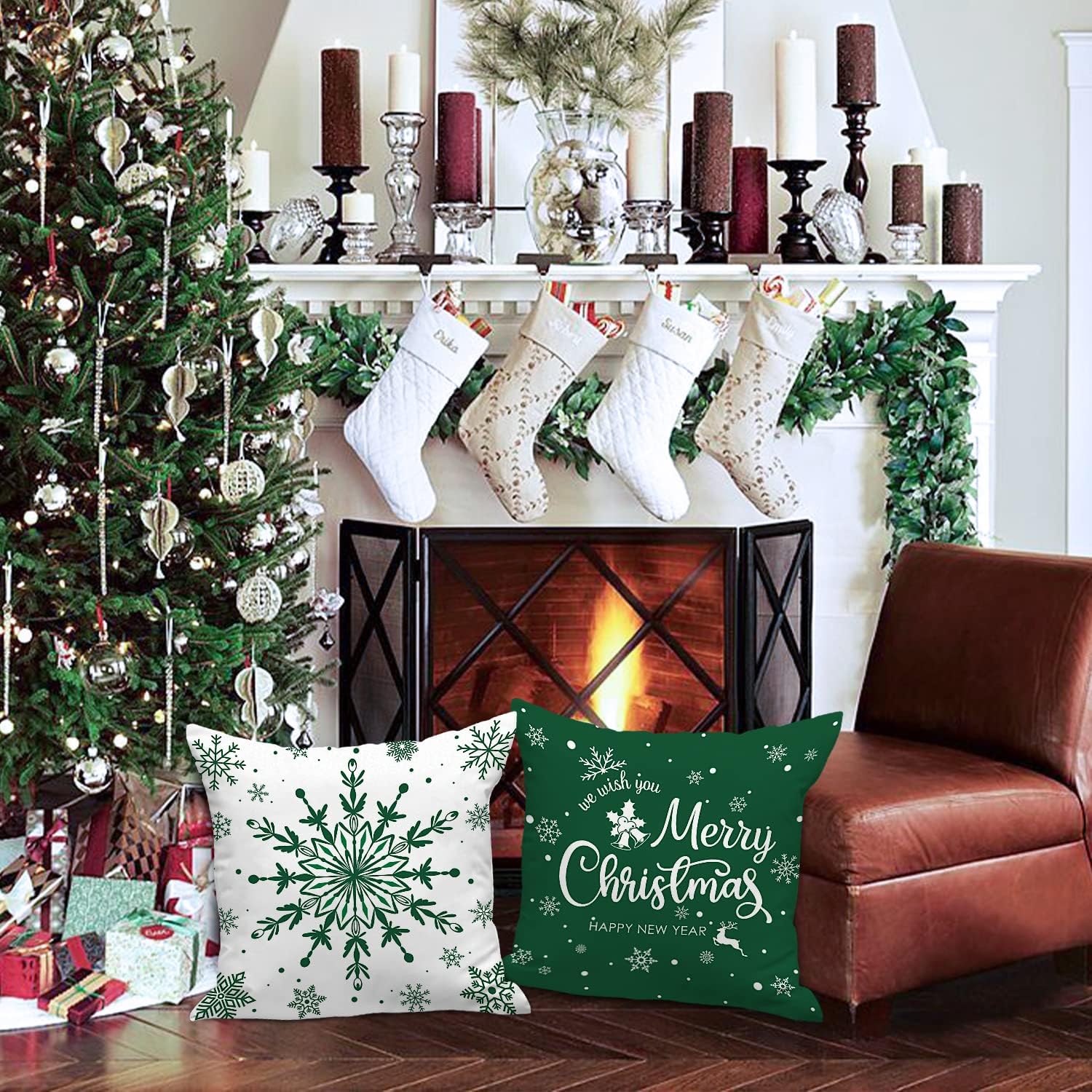 Lanpn Christmas Throw Pillow Covers 26x26 Set of 4, Merry Christmas Winter Xmas Snowflake Decorative Holiday Cushion Pillow Cases 26 x 26 for Outdoor Indoor Farmhouse Home Room Couch Decor (Green)