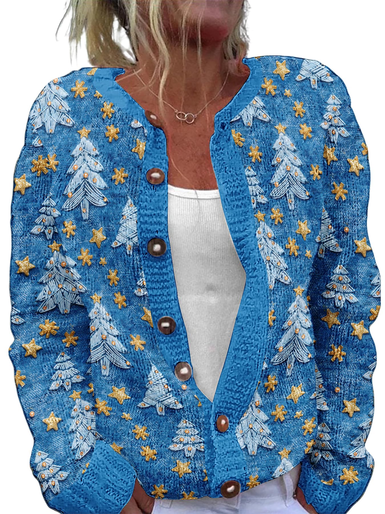 Womens Christmas Cardigan Sweater Xmas Print Knit Open Front Long Sleeve Loose Outerwear