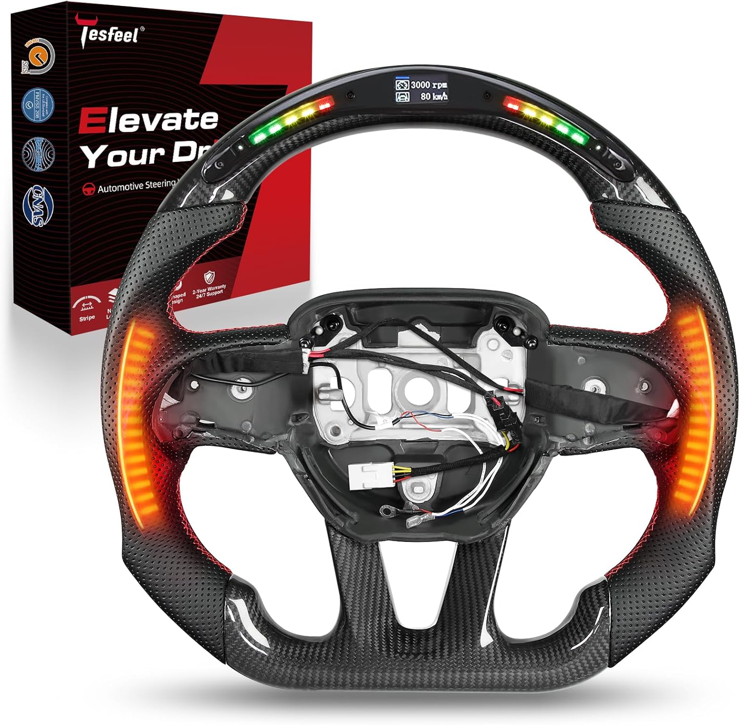 Steering Wheel,Carbon Fiber Steering Wheel D-shaped Flat-bottom with LED Shift Indicator for Dodge Charger/Challenger/Durango/Jeep Grand Cherokee/SXT/GT/RT/SRT/For Heallcat 2015-2024