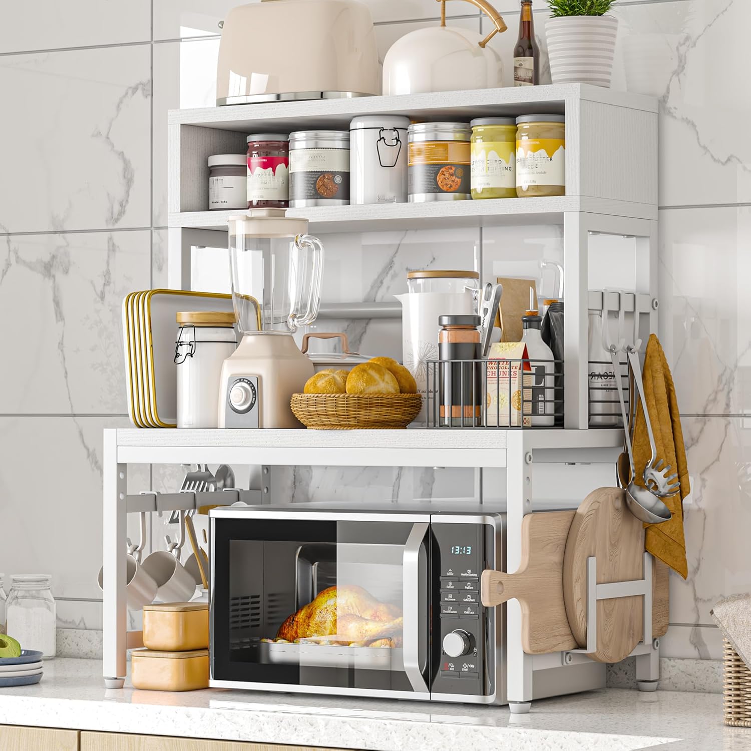 EnHomee Microwave Stand, 205LBS Microwave Shelf, Adjustable Countertop Shelf Heavy Duty 4-Tier with 9 Hooks for Kitchen Counter Organizer, Microwave Stand with Storage and Microwave Oven Rack (White)