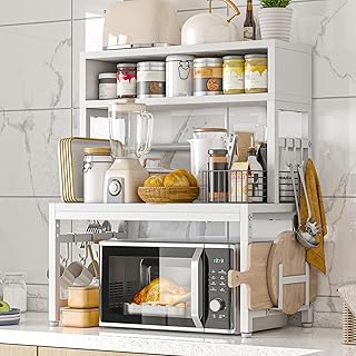 EnHomee Microwave Stand, 205LBS Microwave Shelf, Adjustable Countertop Shelf Heavy Duty 4-Tier with 9 Hooks for Kitchen Counter Organizer, Microwave Stand with Storage and Microwave Oven Rack (White)