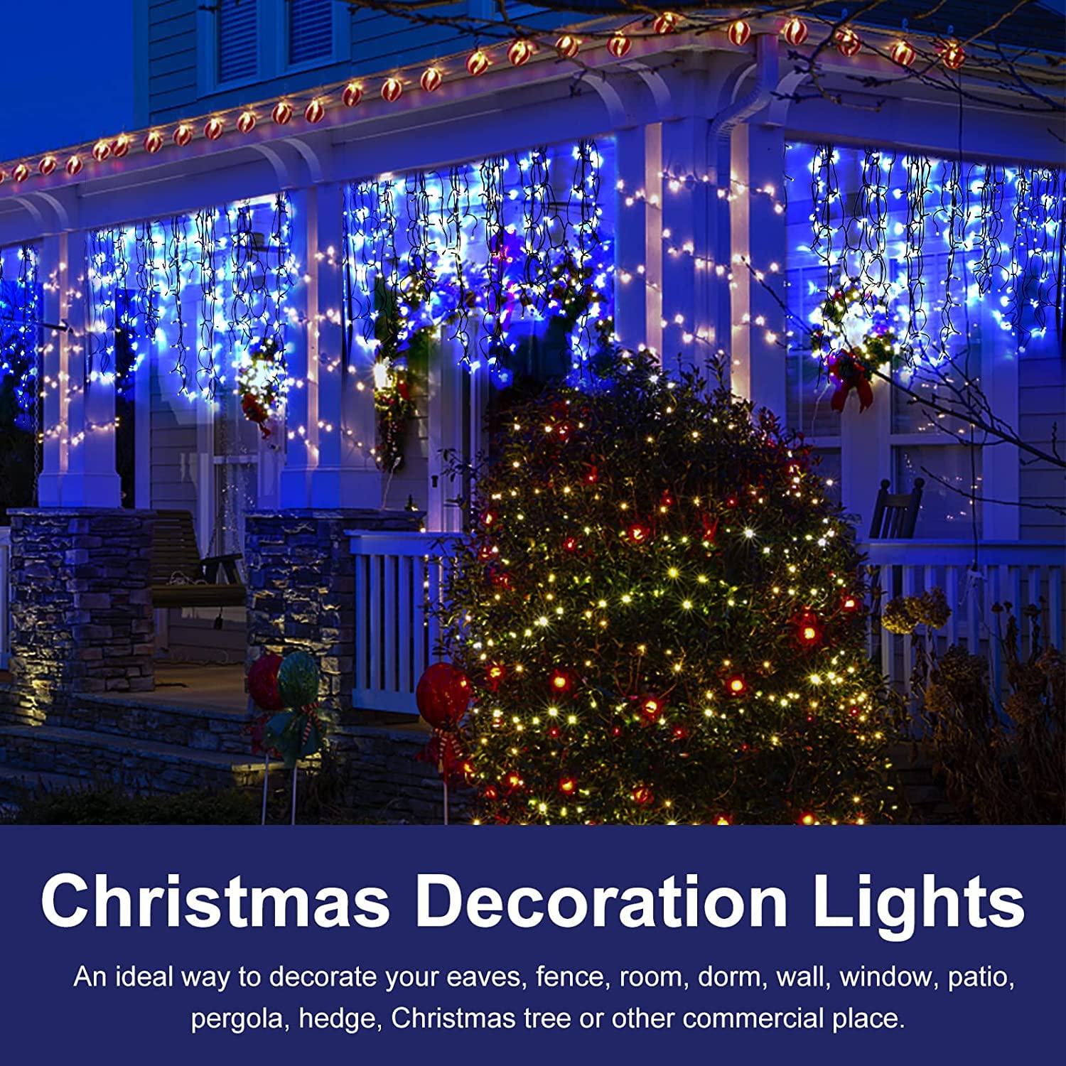 KINGCOO Solar Lichtervorhang Außen, Wasserdicht LED Eisregen Vorhang Solar Lichterketten Fernbedienung 8 Modi Innen Weihnachtsbeleuchtung Aussen für Garten Balkon Hochzeit Wanddekorationen (10M-Blau)