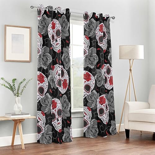 Miniatura 6 de Gothic Skulls Roses Thorns Devilish Black Out Curtains 84 inches Black Out Window Cover for Bedroom Living Room Blackout Blinds Bay Window Curtains