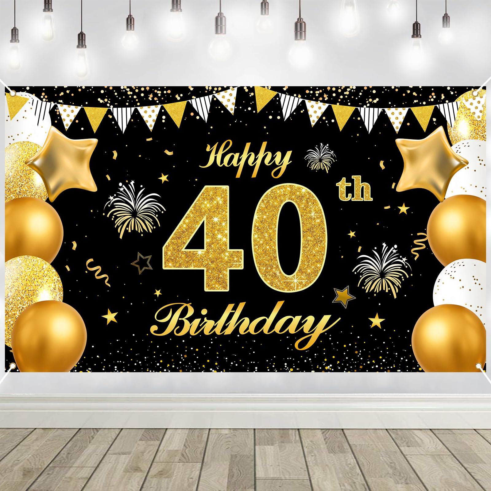 40th Birthday Decorations Banner Gold Black Happy Birthday Door Banner for Party Photo Backdrop for Men Women Home Outdoor Cover Party Decoration Supplies Poster