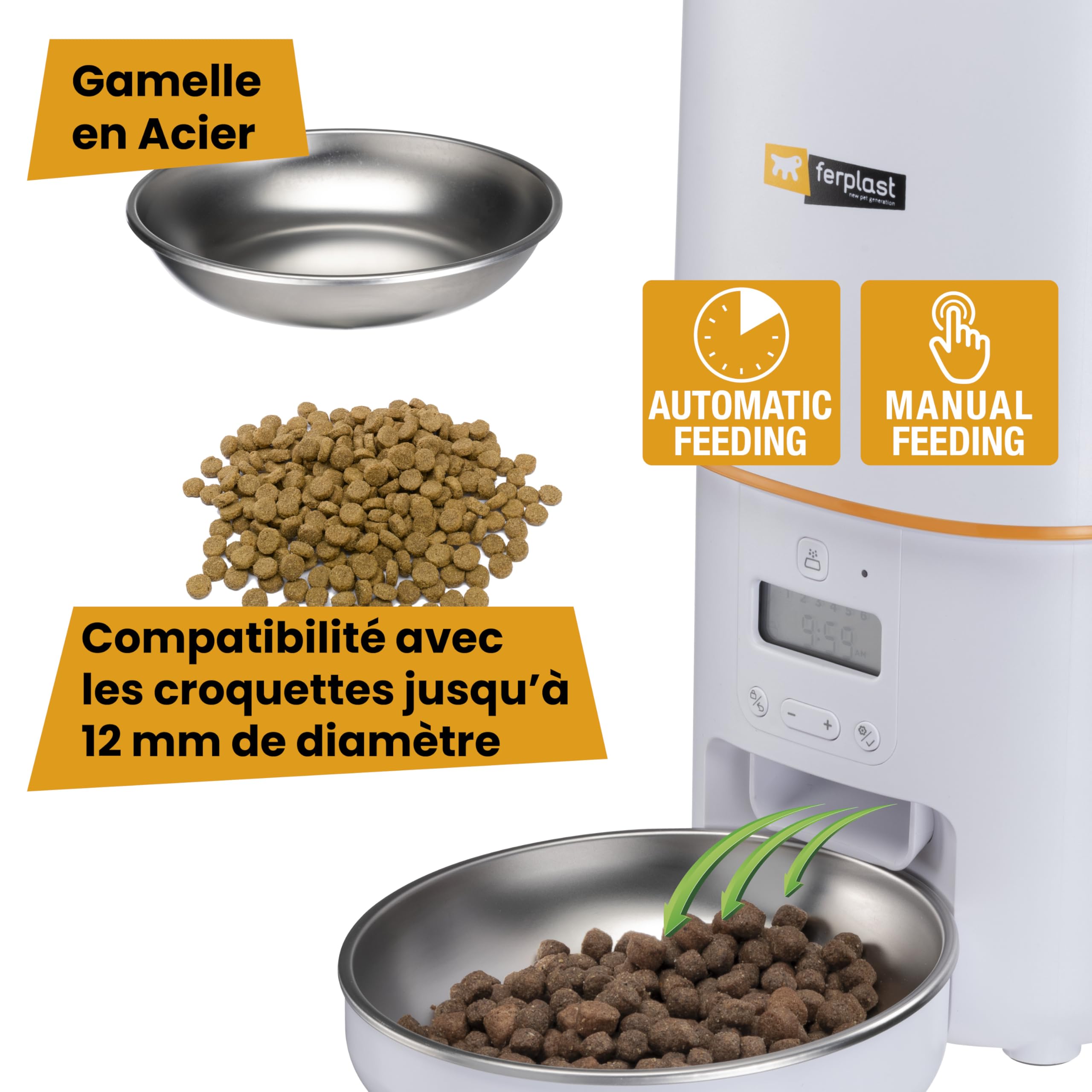 Ferplast Distributeur Croquettes Chat Automatique Risto Pet, Distributeur Croquettes Chien 4 L, Programmable, Double Alimentation, 6 Repas par Jour, Écran Rétroéclairé, Gamelle en Acier Inoxydable