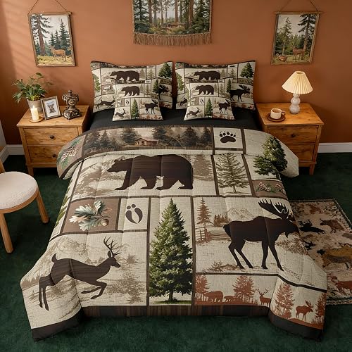 Farmhouse Cabin Bedding Set 7 Pieces,Lodge Bear Deer King Size Comforter Set wit