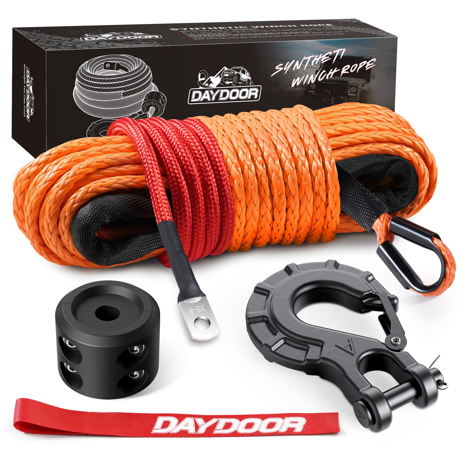 DAYDOOR Synthetic Winch Rope, 1/4in x 50ft 10,000Lbs, Orange
