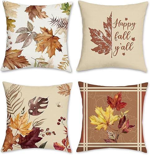 Bonhause Juego de 4 fundas de almohada de hojas de otoño de 18 x 18 pulgadas, fundas de almohada decorativas de hojas de arce otoñales para sofá,