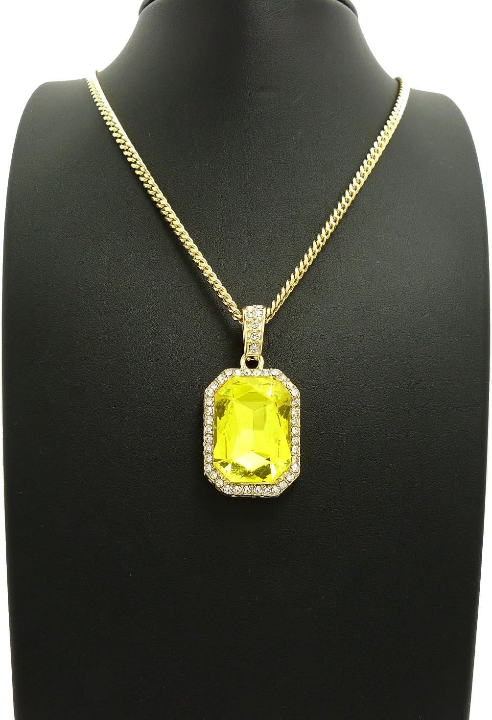 Iced Out Colorful Gemstone Pendant 3mm 24" Cuban Chain Necklace in Gold Tone
