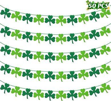 50 PCS St Patricks Day Decorations, St Patricks Day Garland NO DIY, Adjustable St Patricks Day Banner, 8.2 FT Dark Light Green Shamrock Garland Hanging Felt St Patricks Banner Irish Party Indoor