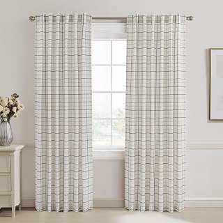 RYB HOME Plaid Linen Curtains Privacy Light Filtering for Living Room