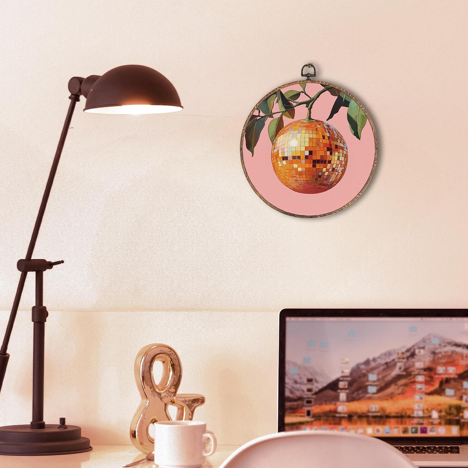 Trendy Funky Orange Disco Ball Round Wall Art Framed, Funky Retro Round Wall Decor, Trendy Aesthetic Hanging Canvas Prints Wall Sculptures for Home Living Room Bedroom Decor, 10x10 Inch image 3
