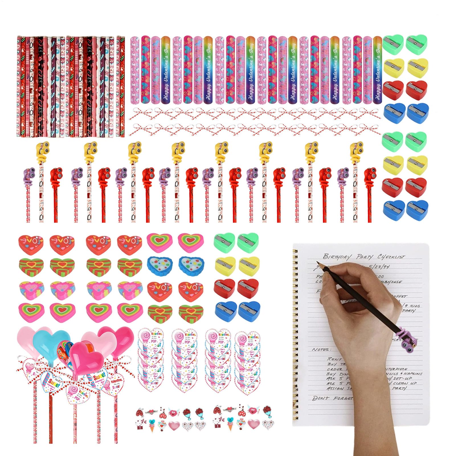 Set di cancelleria per San, cuore con adesivi, biglietti e matite, set di articoli di cancelleria per bambini, aula a San, per ragazze, studenti, idee regalo per feste