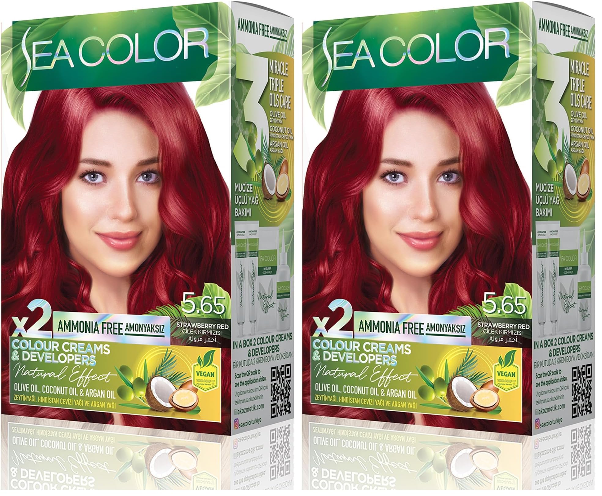SEA COLOR Amonyaksız, Vegan, Doğal, Besleyici Kalıcı Saç Boyası%100 Beyaz Kapama (1 PAKET 2 x 50 ml Boya & OKSİDAN) (Çilek Kırmızısı 5.65) (2 paketi)