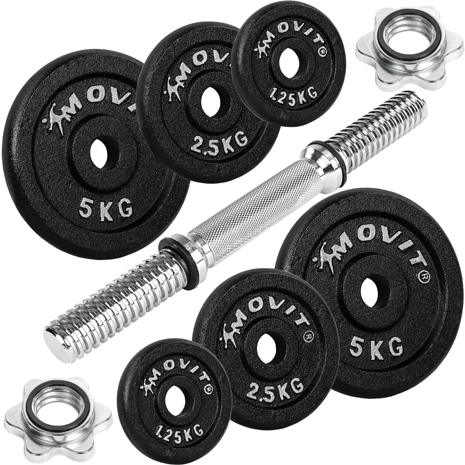 MOVIT Kurzhantel PRO Set, Gusseisen Hantel, 10kg, 15kg, 20kg, 25kg, 30kg, Stange 30mm Standardnorm, Griff gerändelt, Sternverschlüsse, Hantel Set Kurzhantelset Gewichte